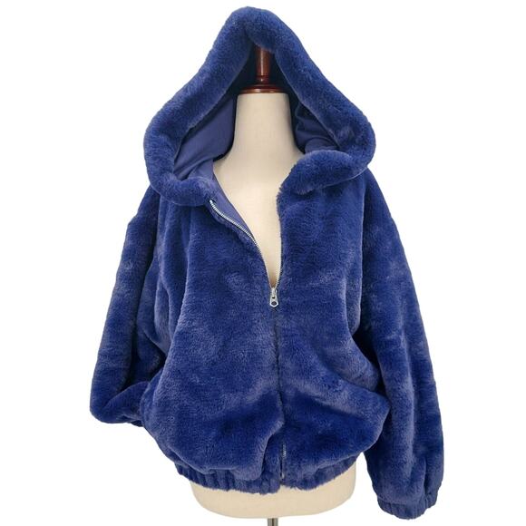FRENCH CONNECTION sz 2 XS Eclipse Blue Faux Fur Hoodie Full Zip Jacket b133 - Picture 3 of 11
